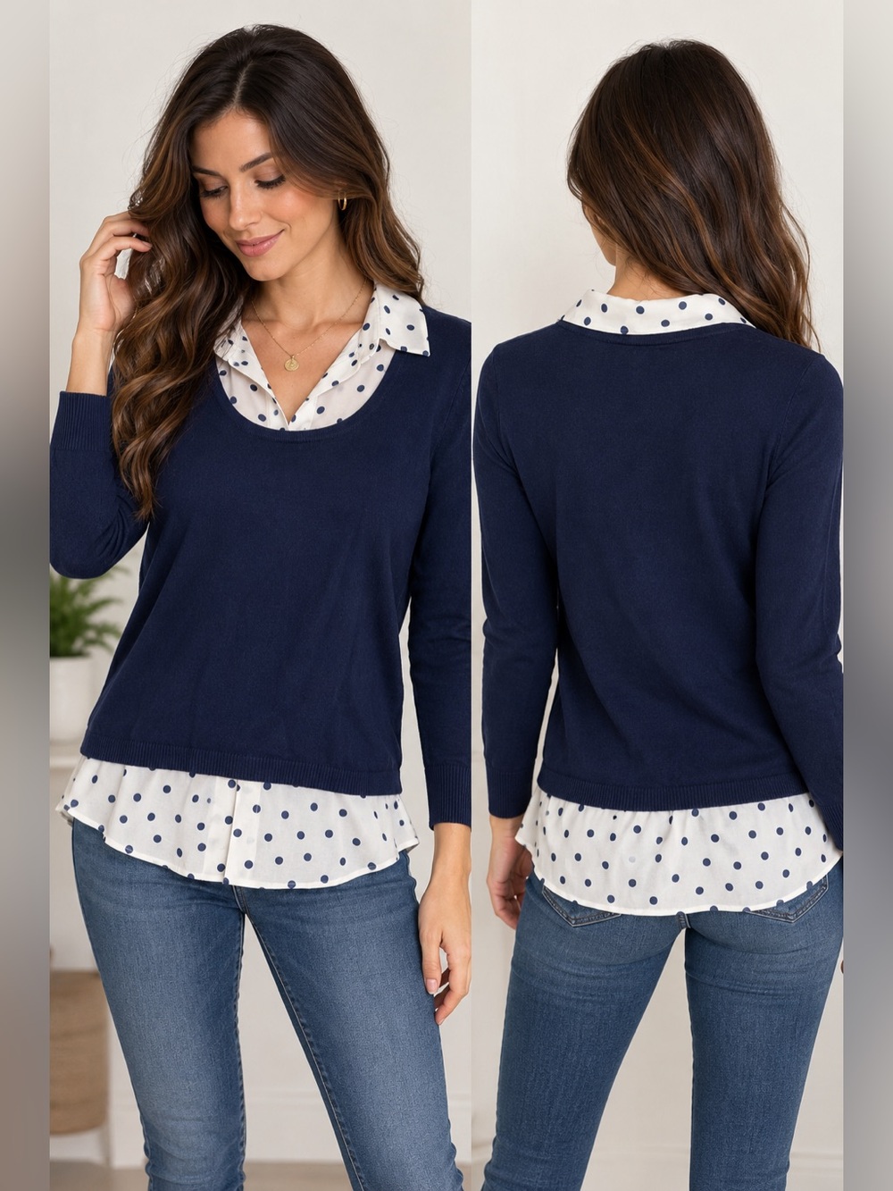 Roz & Ali Navy Layered Polka Dot Sweater Blouse – Size Small